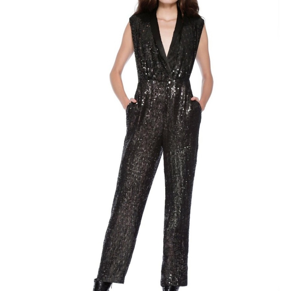Alice + Olivia Black Sequin V Neck Jumpsuit 2